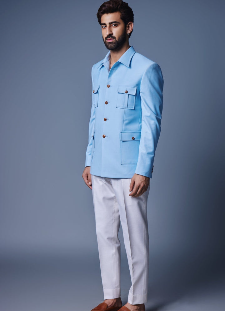 Blue Bandhgala Set With Patch Pocket Chatenya Mittal - Fabilicious Fashion