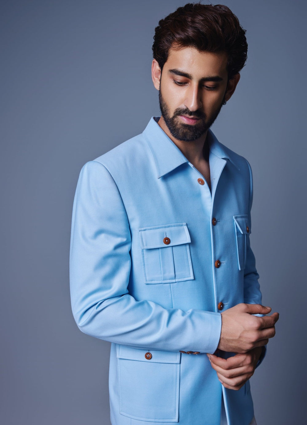 Blue Bandhgala Set With Patch Pocket Chatenya Mittal - Fabilicious Fashion