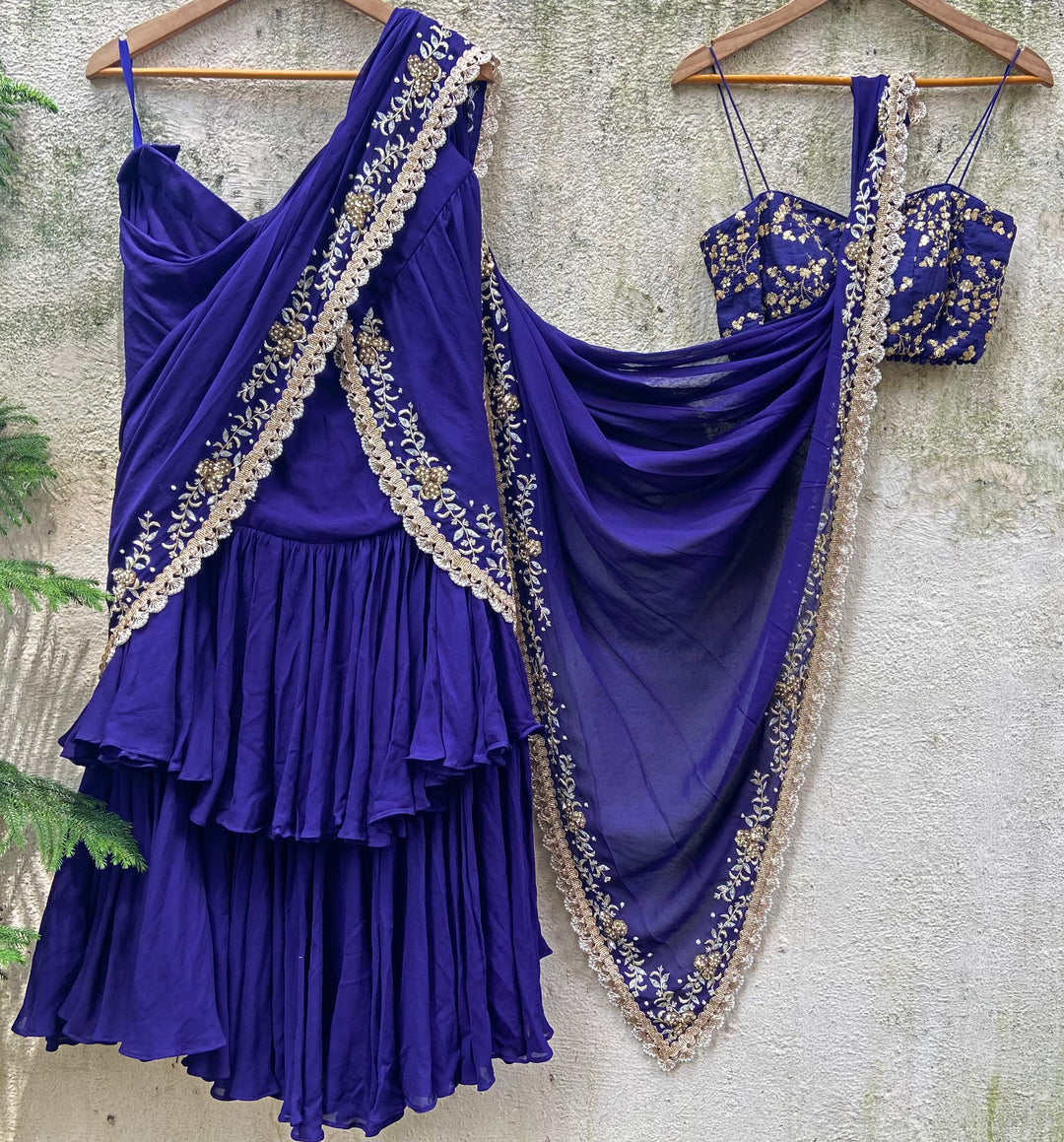 Blue Draped Ruffle Embroidered Saree Set Priti Sahni - Fabilicious Fashion