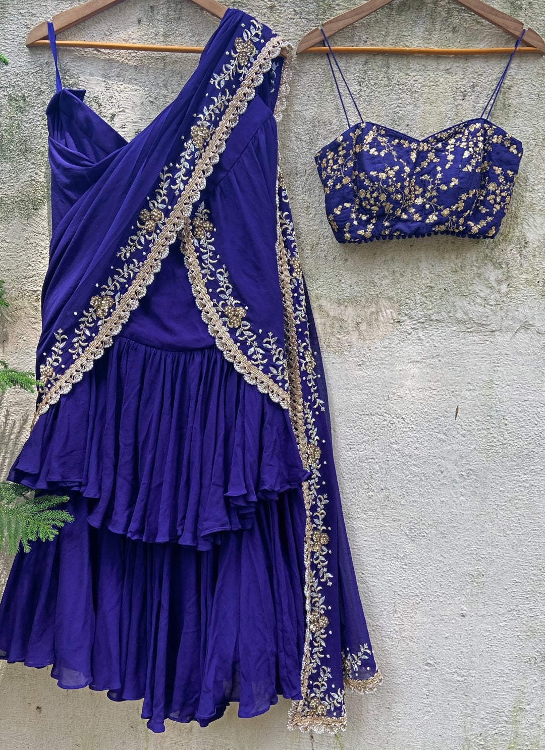 Blue Draped Ruffle Embroidered Saree Set Priti Sahni - Fabilicious Fashion