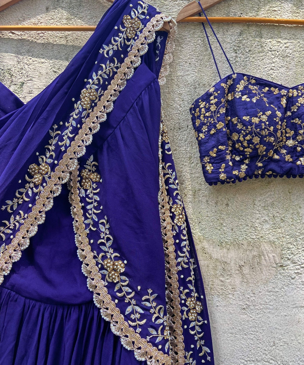 Blue Draped Ruffle Embroidered Saree Set Priti Sahni - Fabilicious Fashion