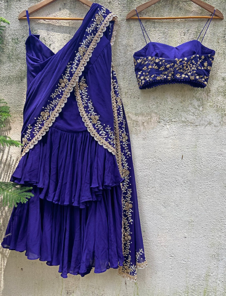 Blue Draped Ruffle Embroidered Saree Set Priti Sahni - Fabilicious Fashion