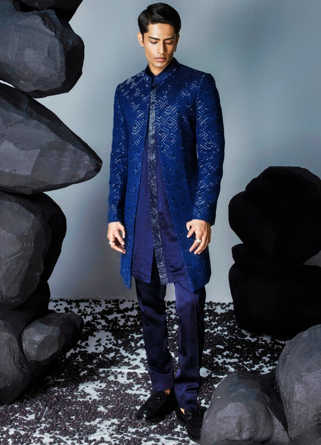 Blue Embellished Front Open Sherwani Set Contrast By Parth - Fabilicious Fashion