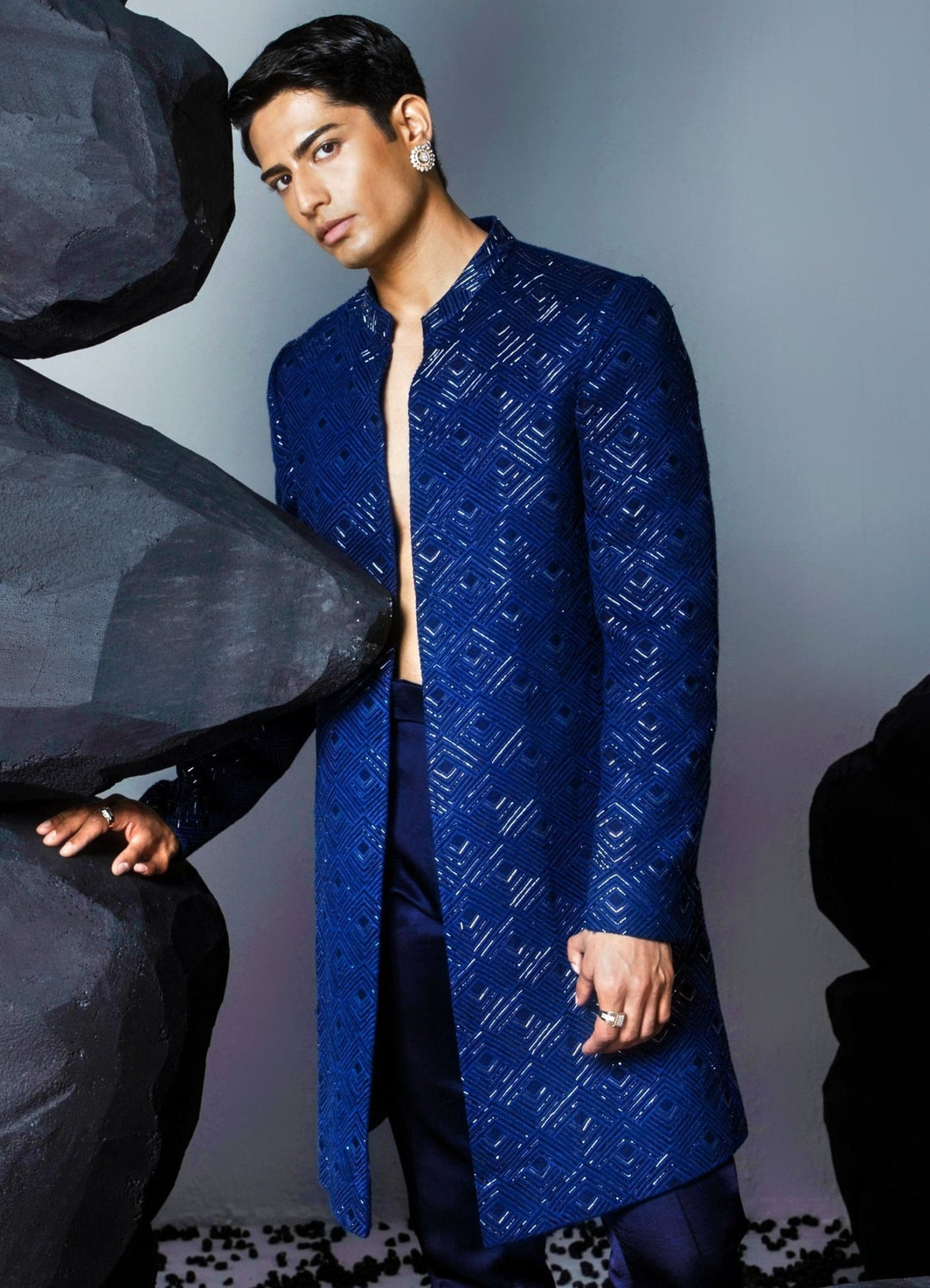 Blue Embellished Front Open Sherwani Set Contrast By Parth - Fabilicious Fashion