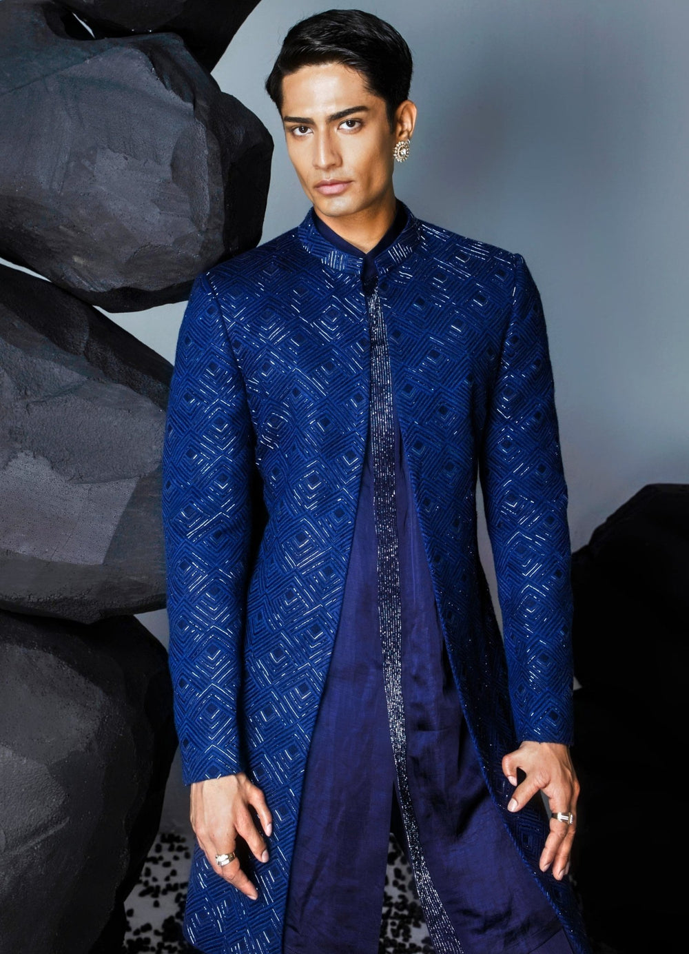 Blue Embellished Front Open Sherwani Set Contrast By Parth - Fabilicious Fashion