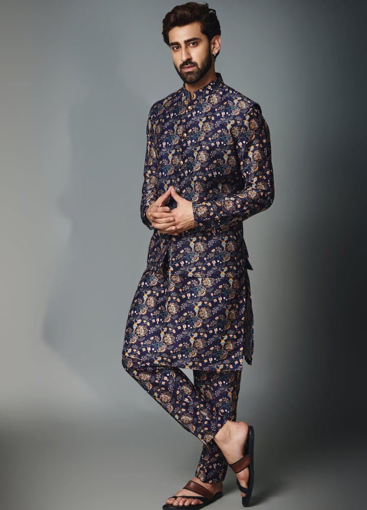 Blue Floral Printed Kurta Set With Jacket Chatenya Mittal - Fabilicious Fashion