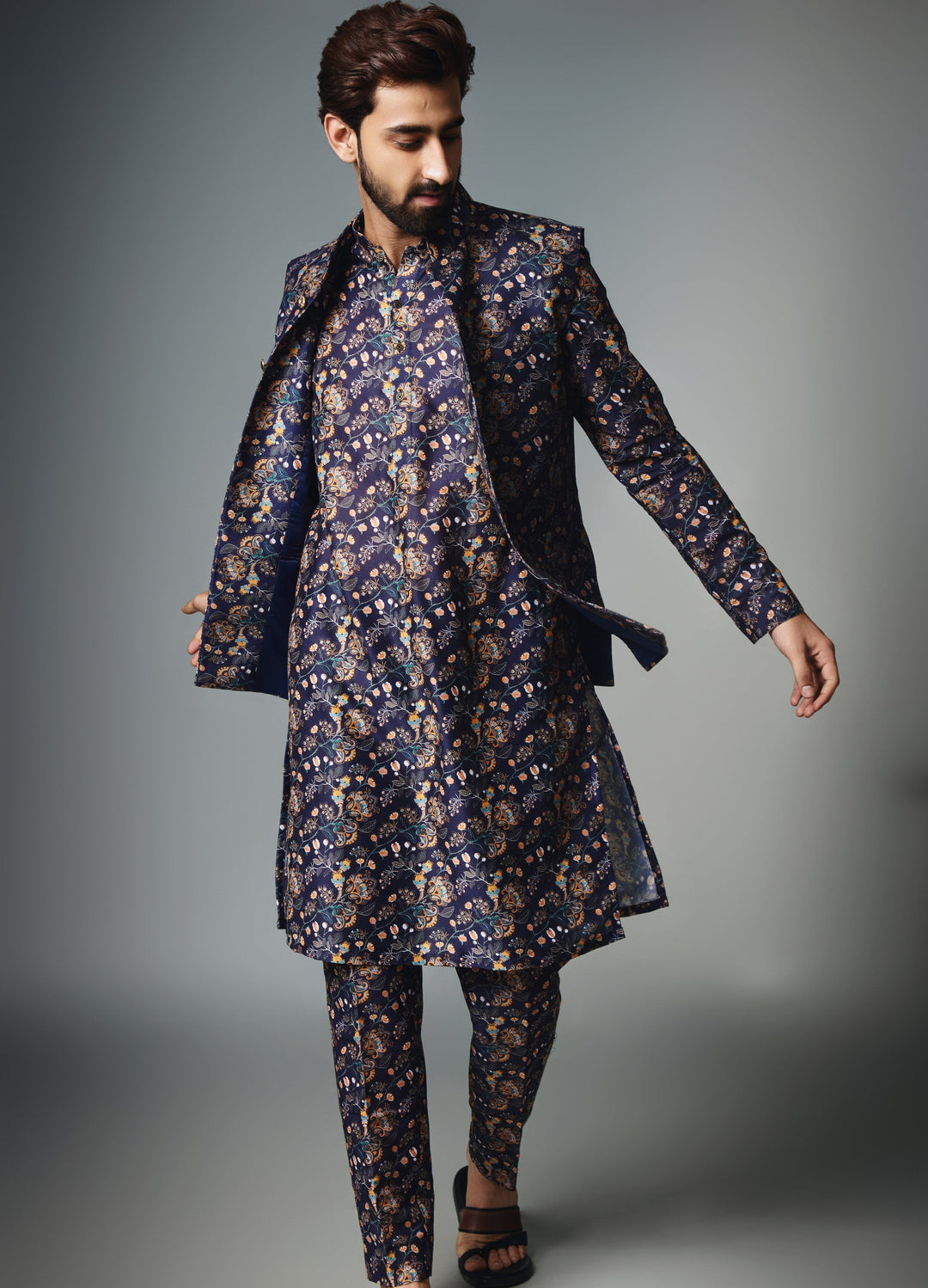 Blue Floral Printed Kurta Set With Jacket Chatenya Mittal - Fabilicious Fashion