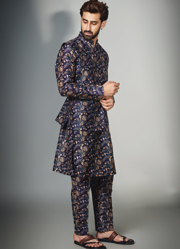 Blue Floral Printed Kurta Set With Jacket Chatenya Mittal - Fabilicious Fashion