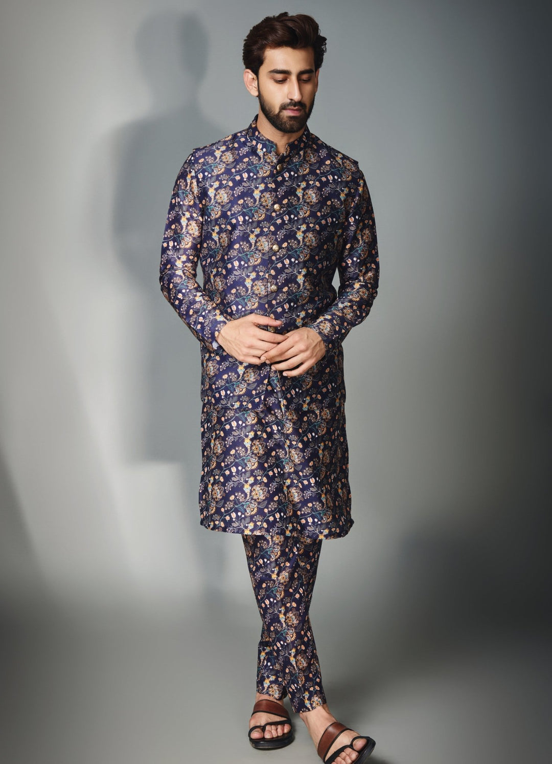Blue Floral Printed Kurta Set With Jacket Chatenya Mittal - Fabilicious Fashion