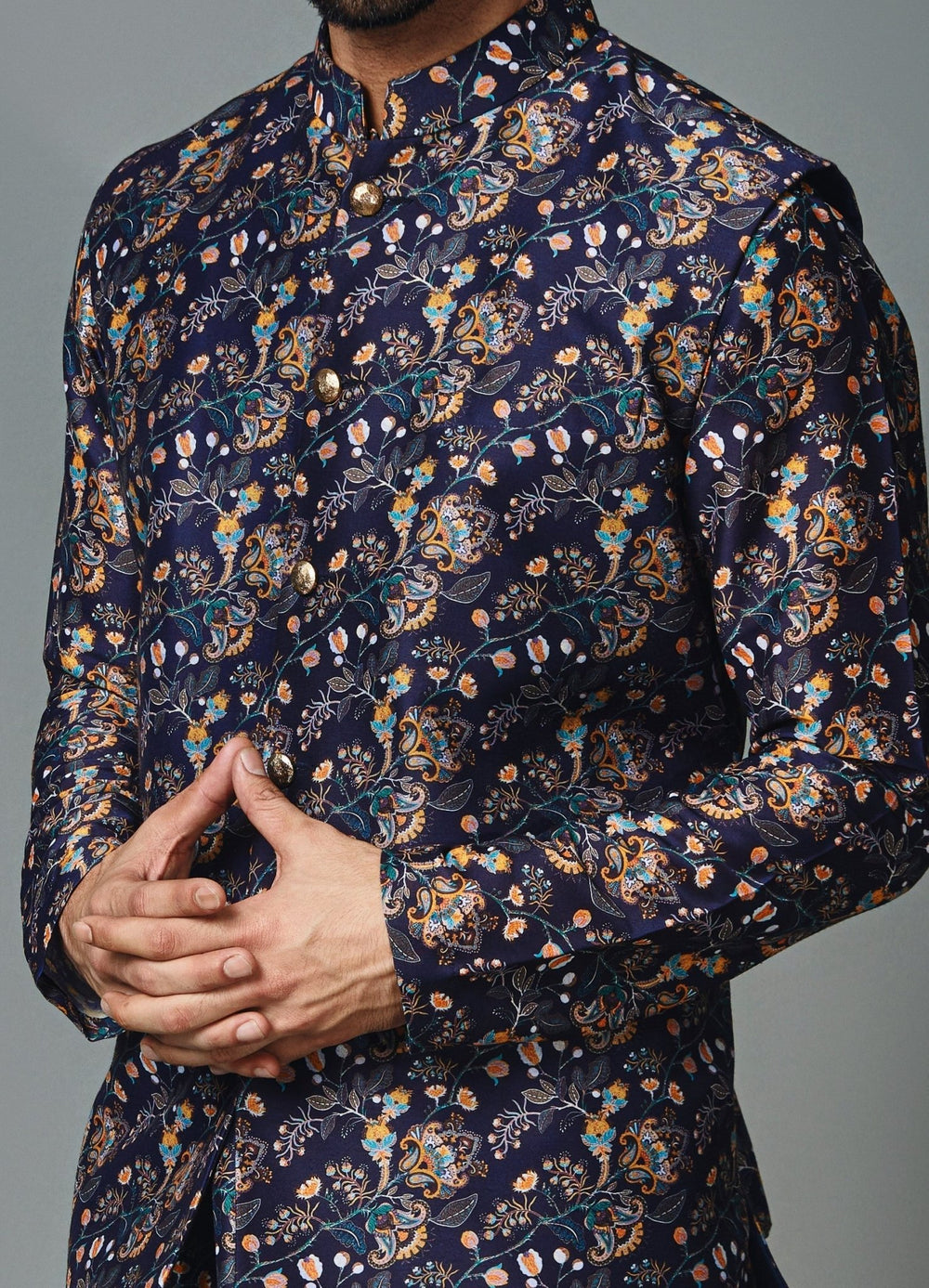 Blue Floral Printed Kurta Set With Jacket Chatenya Mittal - Fabilicious Fashion