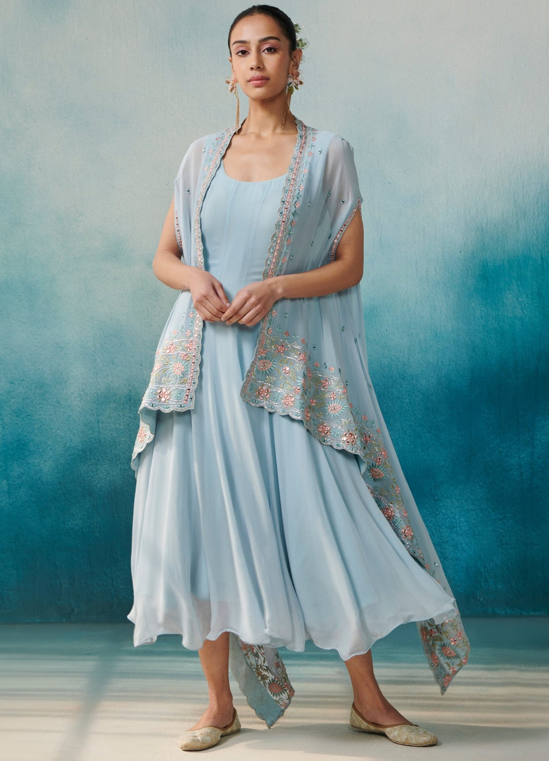 Blue Georgette Flared Dress Cape Set Suhino - Fabilicious Fashion