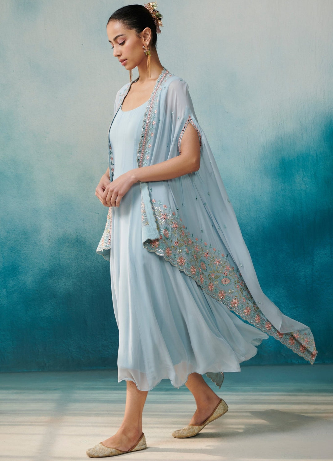 Blue Georgette Flared Dress Cape Set Suhino - Fabilicious Fashion