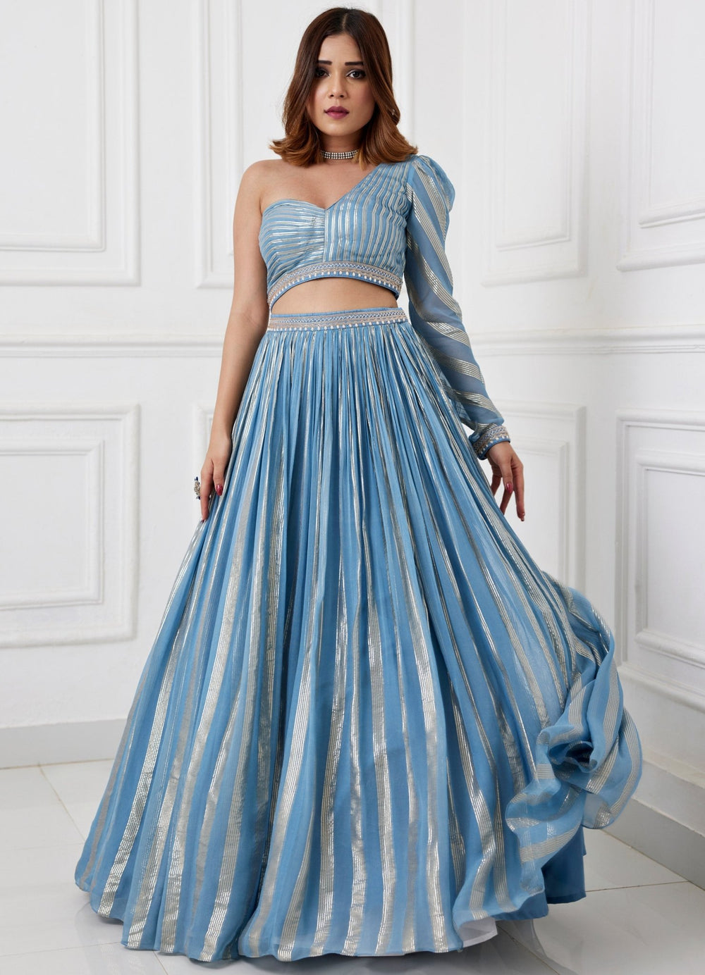 Blue Grey One Shoulder Skirt Set Chamee and Palak - Fabilicious Fashion
