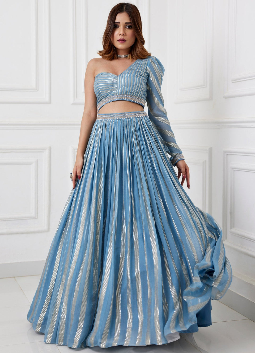Blue Grey One Shoulder Skirt Set Chamee and Palak - Fabilicious Fashion