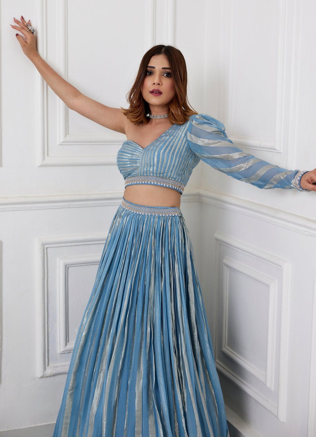 Blue Grey One Shoulder Skirt Set Chamee and Palak - Fabilicious Fashion