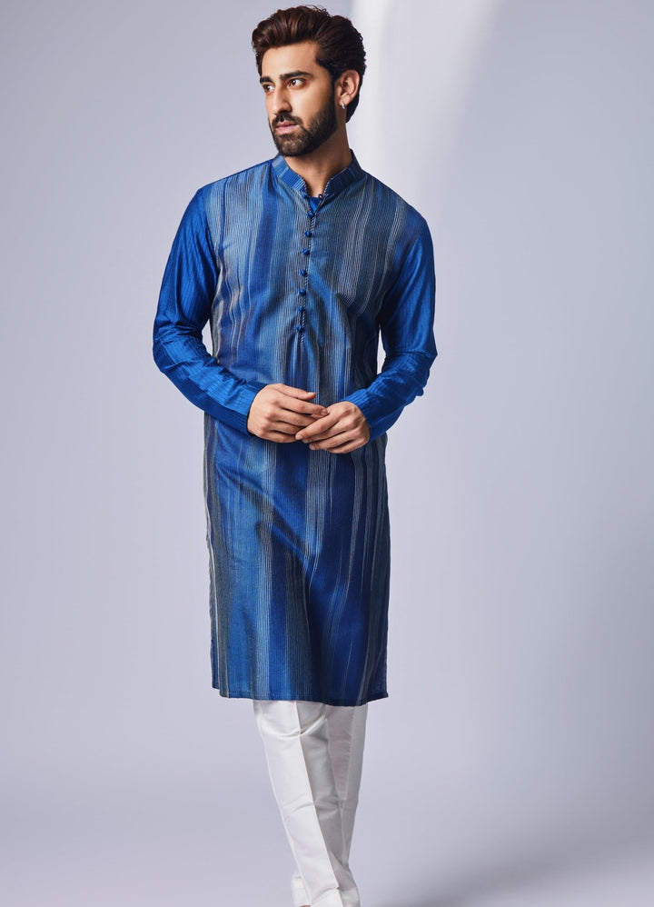 Blue & Ivory Kurta With Pant Set Chatenya Mittal - Fabilicious Fashion