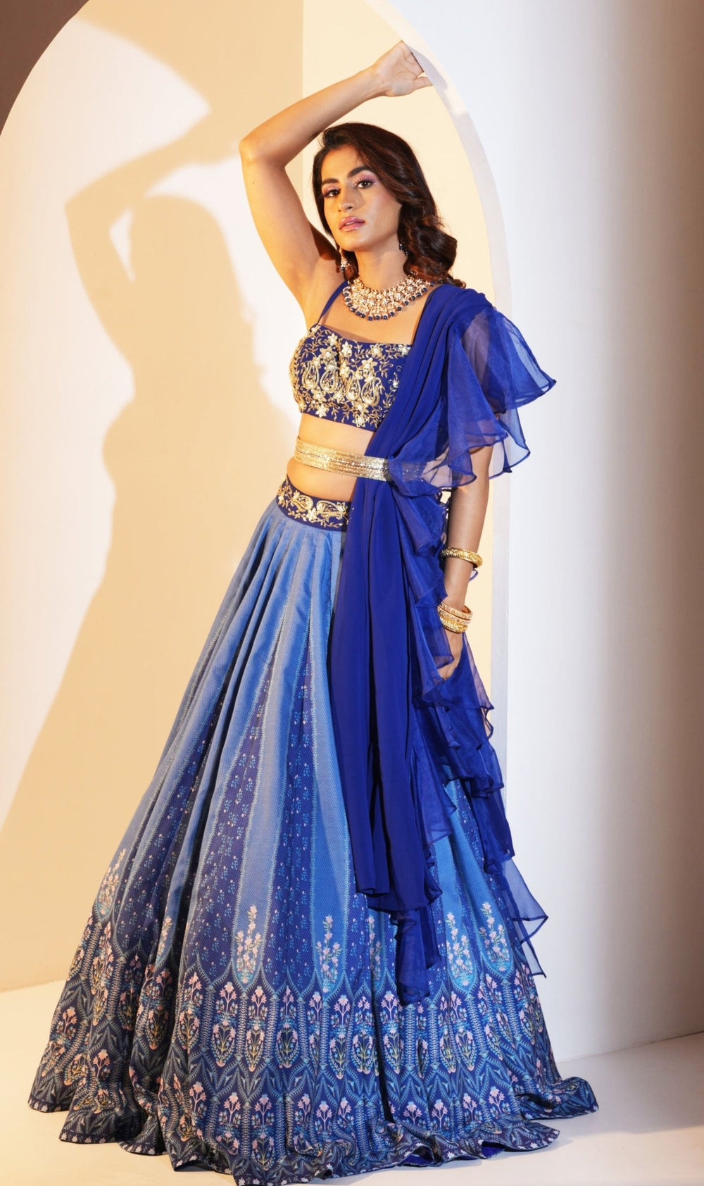 Blue Modal Silk Printed Lehenga With Embellished Blouse And Ruffled Dupatta Rashika Sharma - Fabilicious Fashion