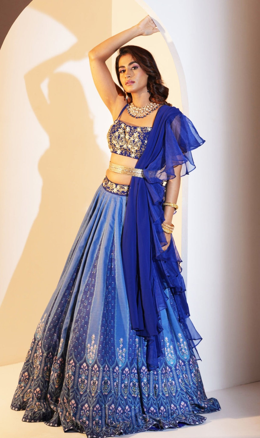 Blue Modal Silk Printed Lehenga With Embellished Blouse And Ruffled Dupatta Rashika Sharma - Fabilicious Fashion