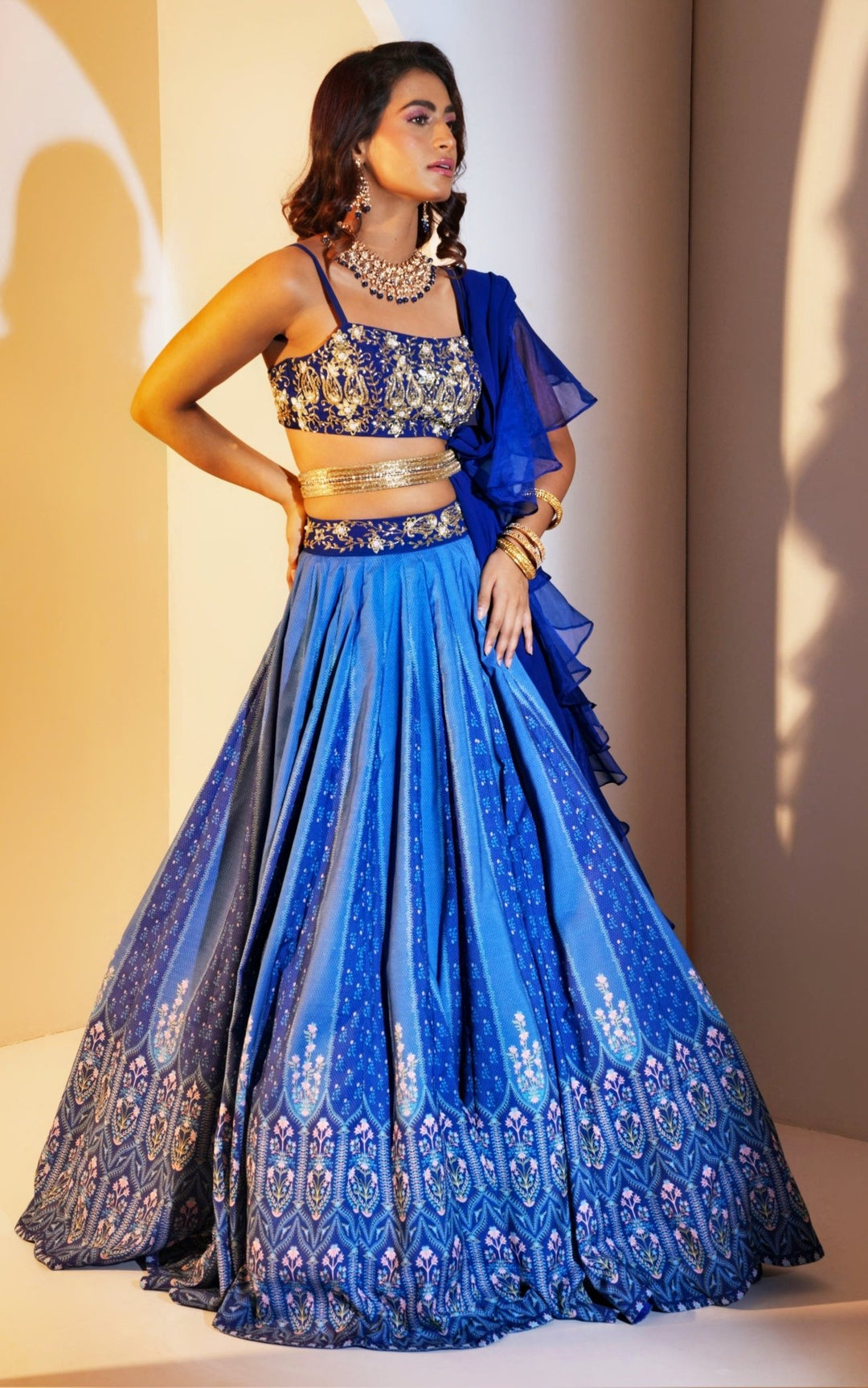 Blue Modal Silk Printed Lehenga With Embellished Blouse And Ruffled Dupatta Rashika Sharma - Fabilicious Fashion
