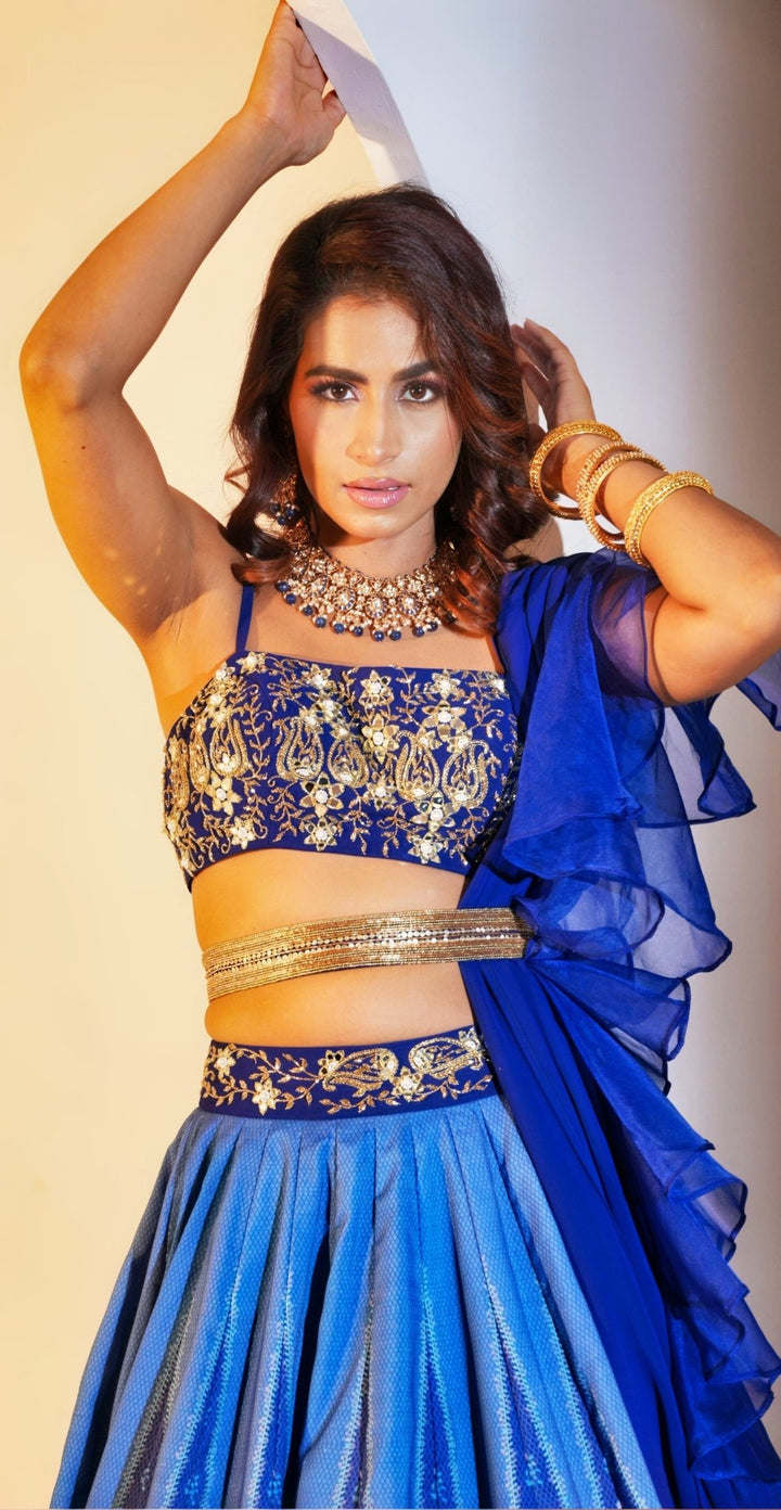 Blue Modal Silk Printed Lehenga With Embellished Blouse And Ruffled Dupatta Rashika Sharma - Fabilicious Fashion