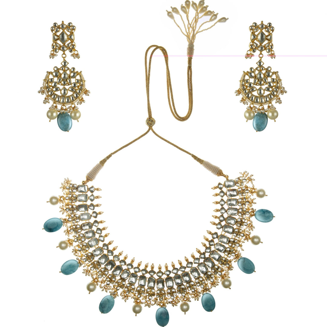 Blue Oval Shape Necklace Set Riana by Shikha Jindal - Fabilicious Fashion