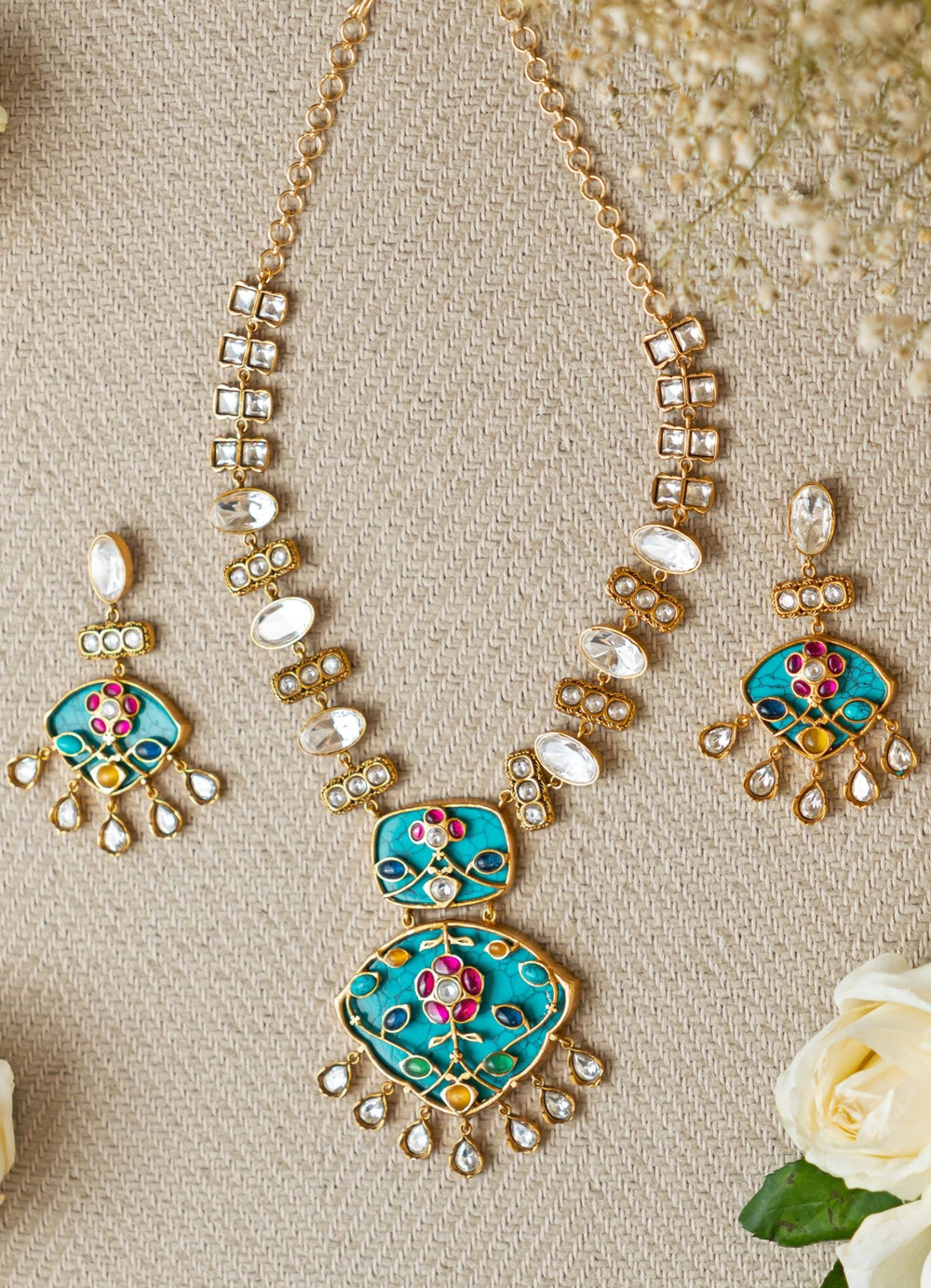 Blue Polki Necklace and Earrings Zevar by Geeta - Fabilicious Fashion