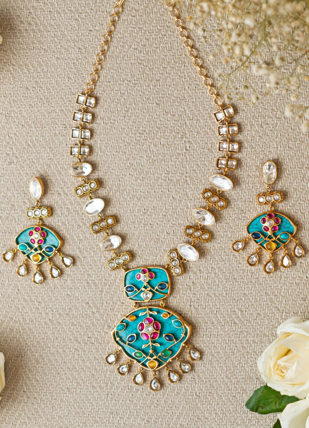 Blue Polki Necklace and Earrings Zevar by Geeta - Fabilicious Fashion