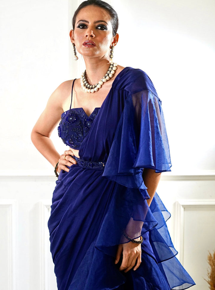 Blue Predraped Ruffle Saree Rashika Sharma - Fabilicious Fashion