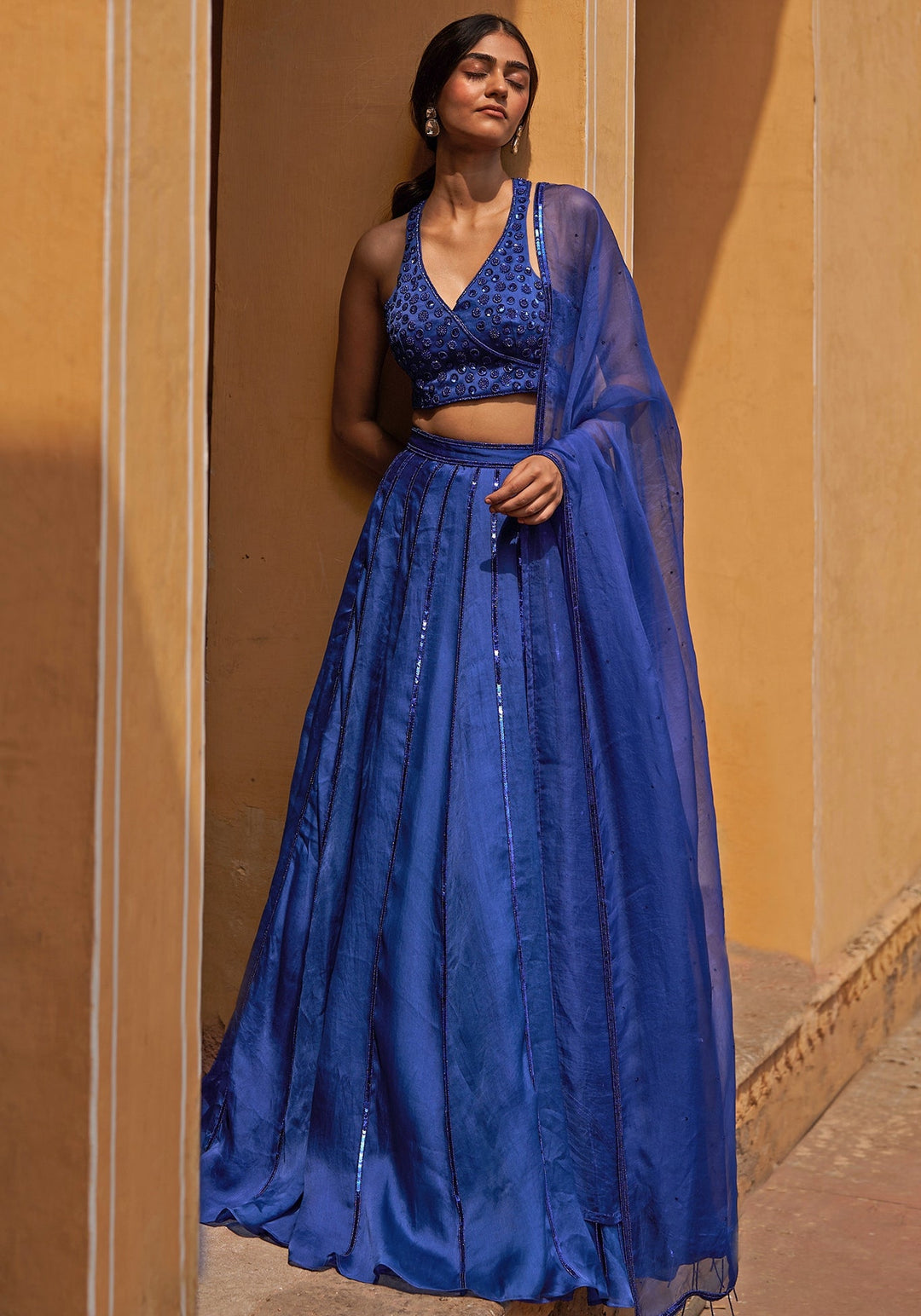 Blue Satin Organza Embroidered Lehenga Set Zoon Tribe - Fabilicious Fashion