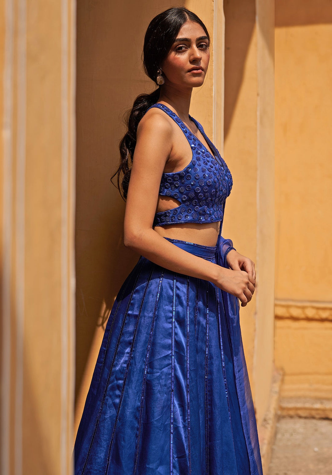 Blue Satin Organza Embroidered Lehenga Set Zoon Tribe - Fabilicious Fashion