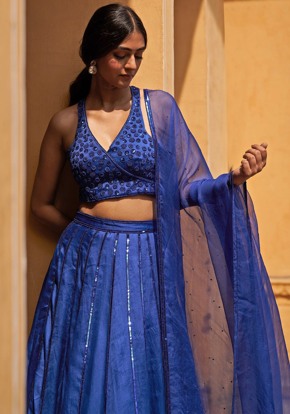 Blue Satin Organza Embroidered Lehenga Set Zoon Tribe - Fabilicious Fashion