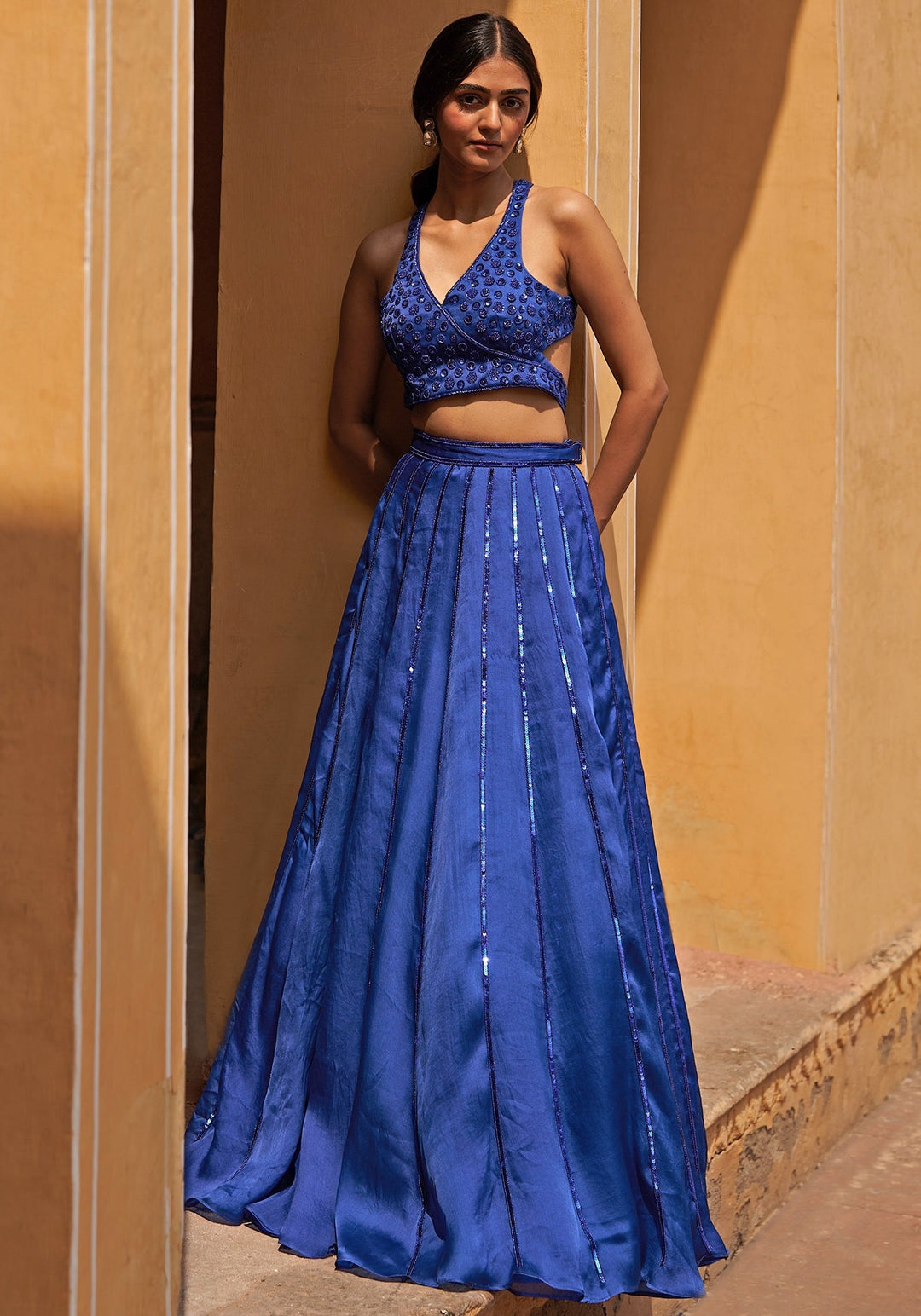 Blue Satin Organza Embroidered Lehenga Set Zoon Tribe - Fabilicious Fashion