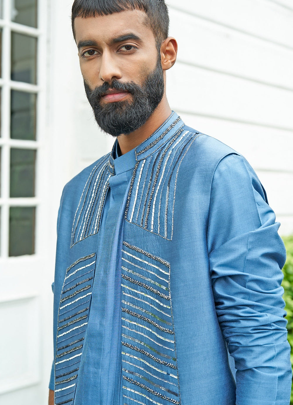 Blue Shrug Set With Metallic Work Contrast by Parth - Fabilicious Fashion