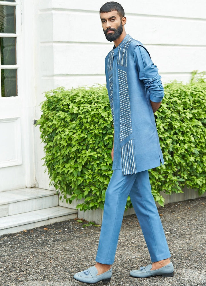 Blue Shrug Set With Metallic Work Contrast by Parth - Fabilicious Fashion