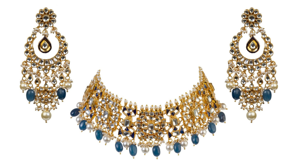 Blue Small Stone Necklace Set Riana by Shikha Jindal - Fabilicious Fashion
