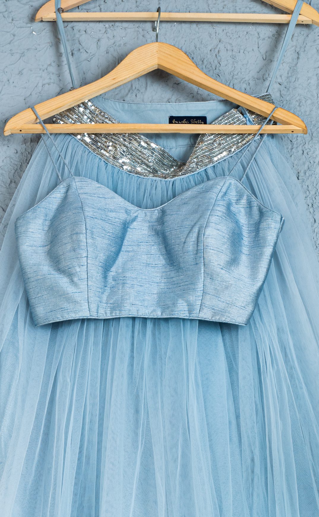 Blueberry Gray Tulle Lehenga With Blueberry Bustier Blouse Anisha Shetty - Fabilicious Fashion