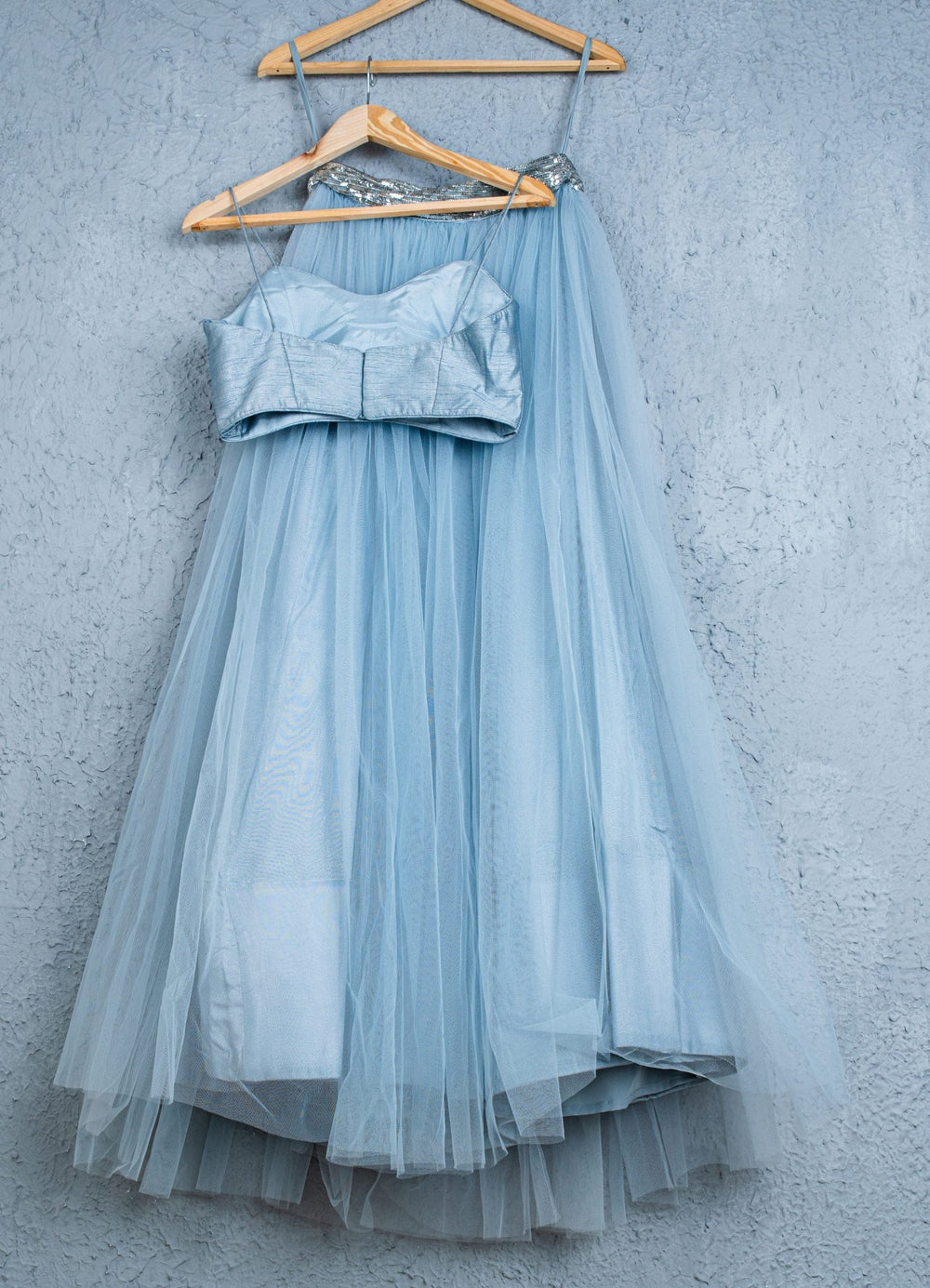 Blueberry Gray Tulle Lehenga With Blueberry Bustier Blouse Anisha Shetty - Fabilicious Fashion