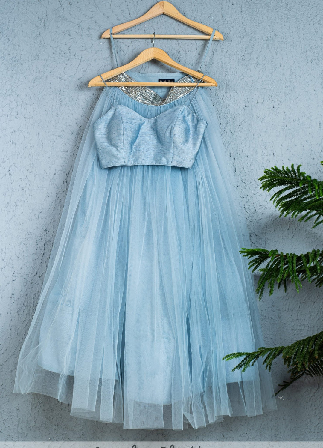 Blueberry Gray Tulle Lehenga With Blueberry Bustier Blouse Anisha Shetty - Fabilicious Fashion