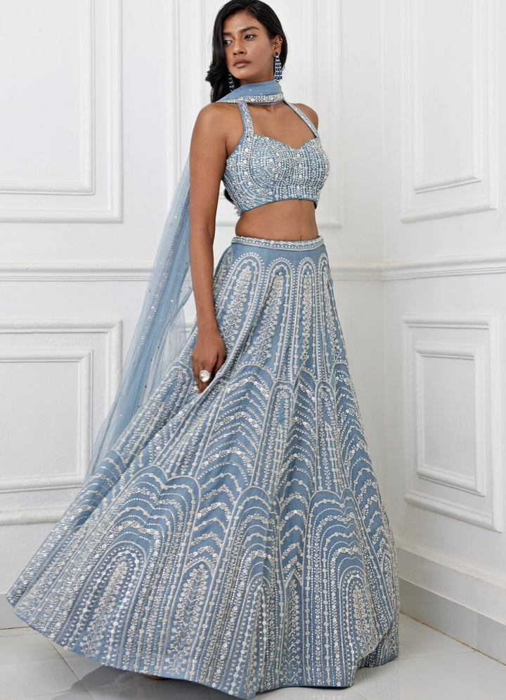 Blueish Grey Embroidered Lehenga Set Chamee and Palak - Fabilicious Fashion