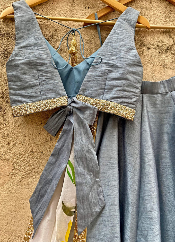 Bluish Grey lehenga With Hand Painted Dupatta Priti Sahni - Fabilicious Fashion