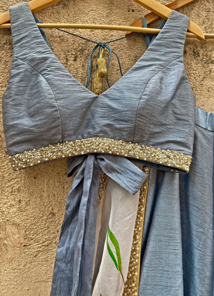 Bluish Grey lehenga With Hand Painted Dupatta Priti Sahni - Fabilicious Fashion