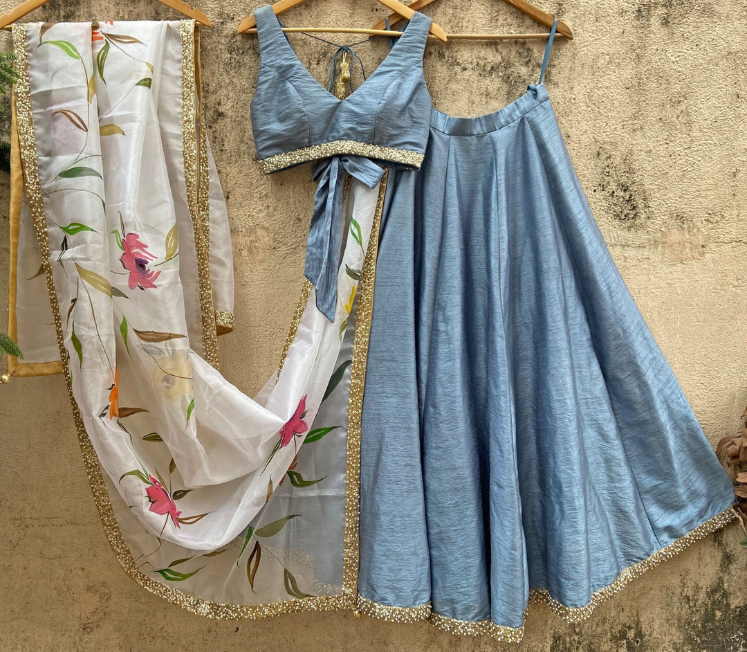 Bluish Grey lehenga With Hand Painted Dupatta Priti Sahni - Fabilicious Fashion