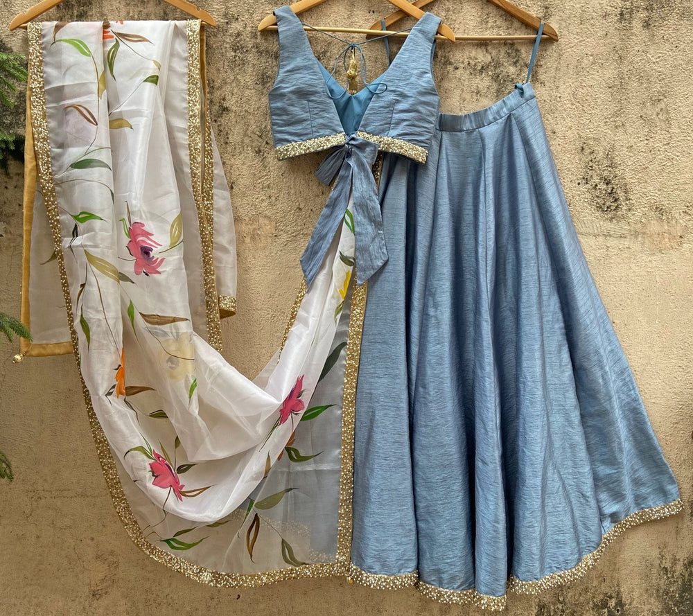 Bluish Grey lehenga With Hand Painted Dupatta Priti Sahni - Fabilicious Fashion