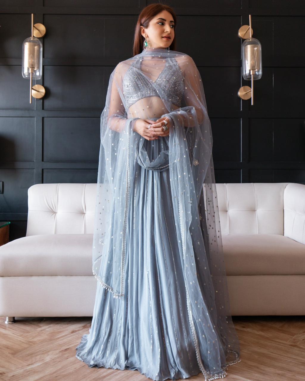 Bluish Grey Sequenced Lehenga Set Chamee n Palak - Fabilicious Fashion