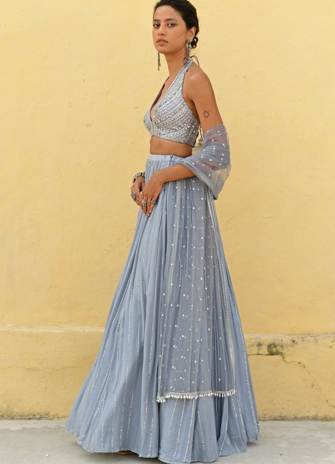 Bluish Grey Sequenced Lehenga Set Chamee n Palak - Fabilicious Fashion