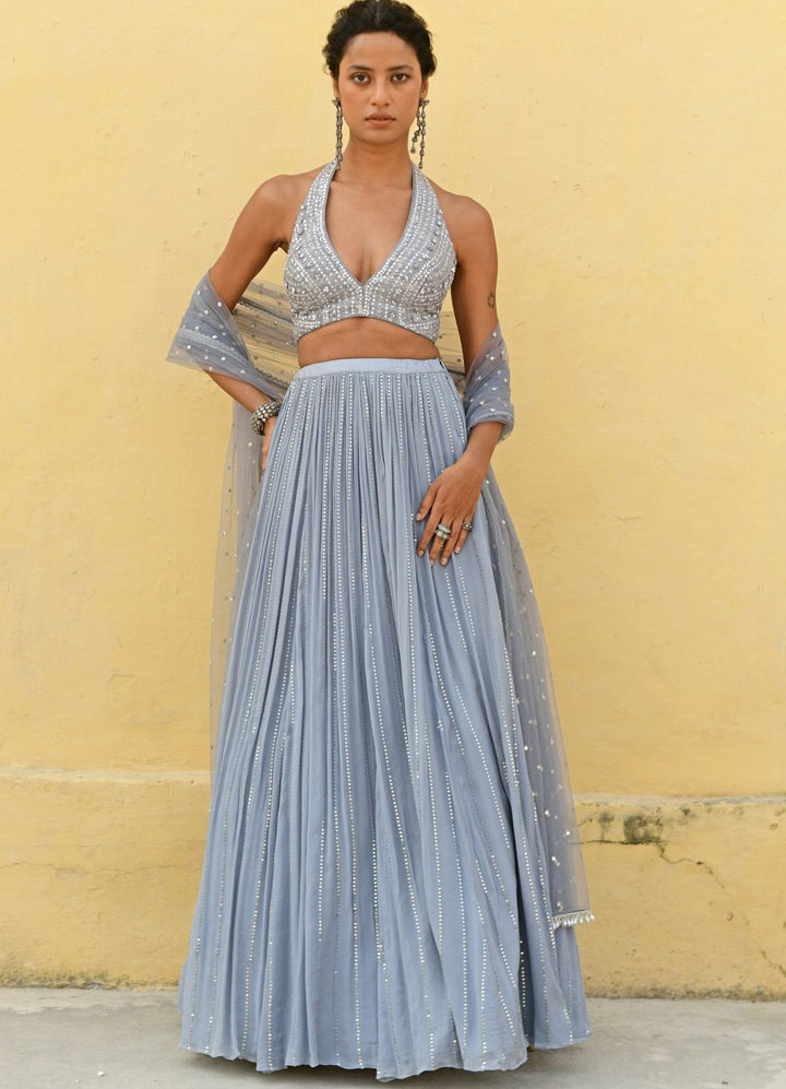Bluish Grey Sequenced Lehenga Set Chamee n Palak - Fabilicious Fashion