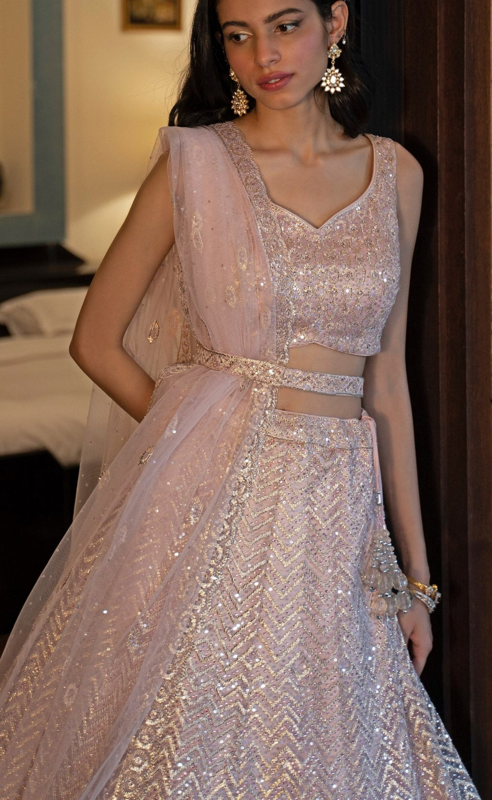 Blush Pink and Gold Gota and Sequinned Lehenga Set Angad Singh - Fabilicious Fashion