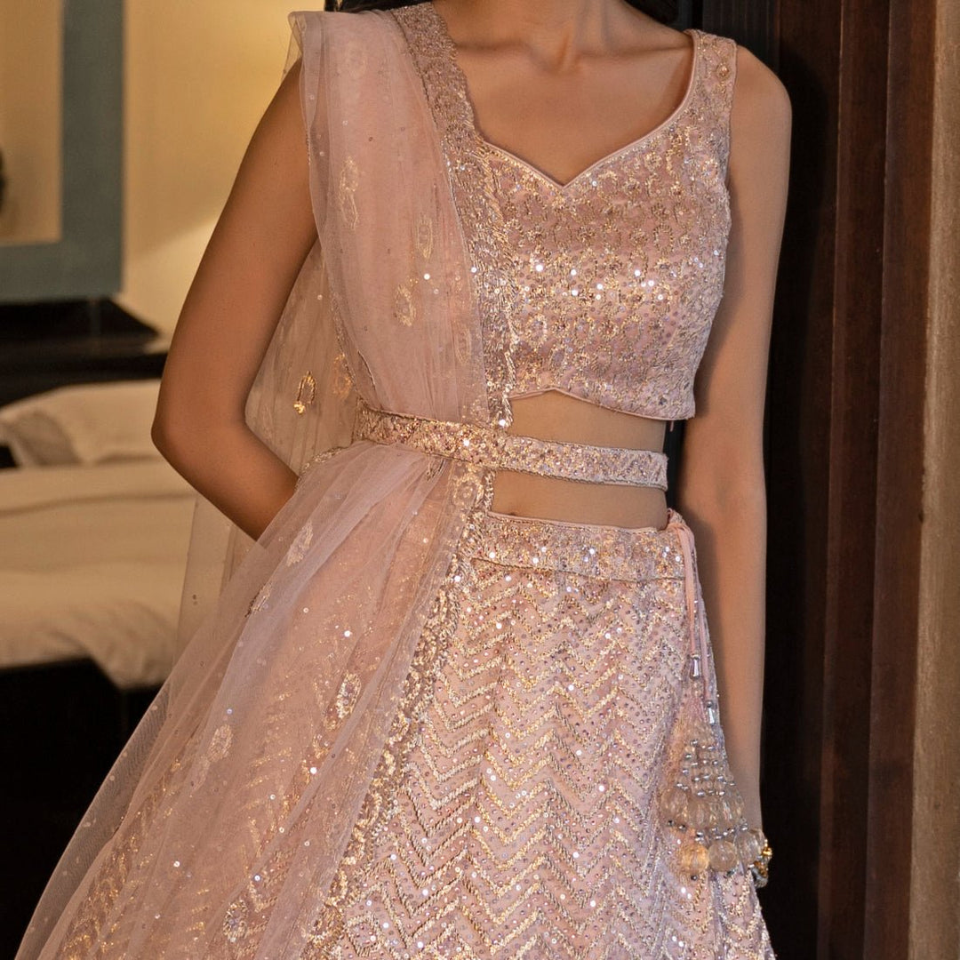 Blush Pink and Gold Gota and Sequinned Lehenga Set Angad Singh - Fabilicious Fashion