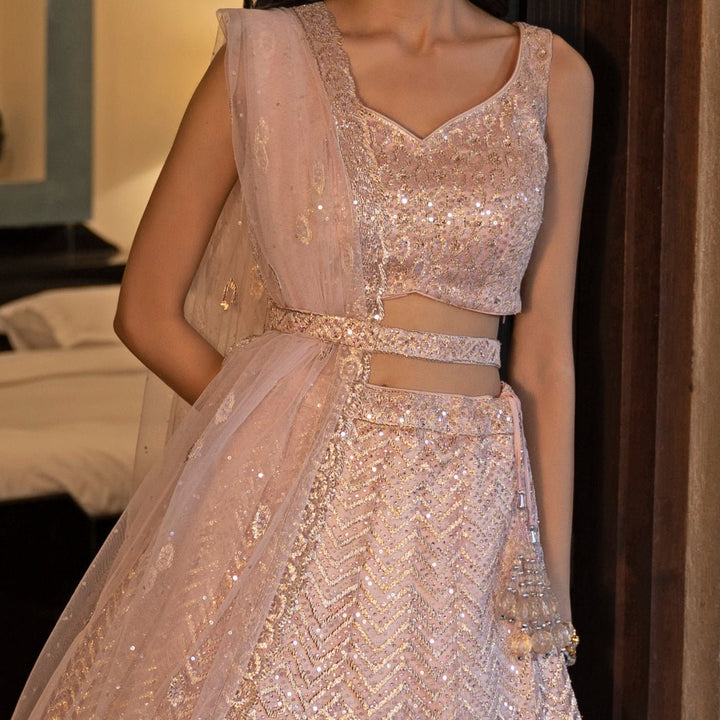 Blush Pink and Gold Gota and Sequinned Lehenga Set Angad Singh - Fabilicious Fashion