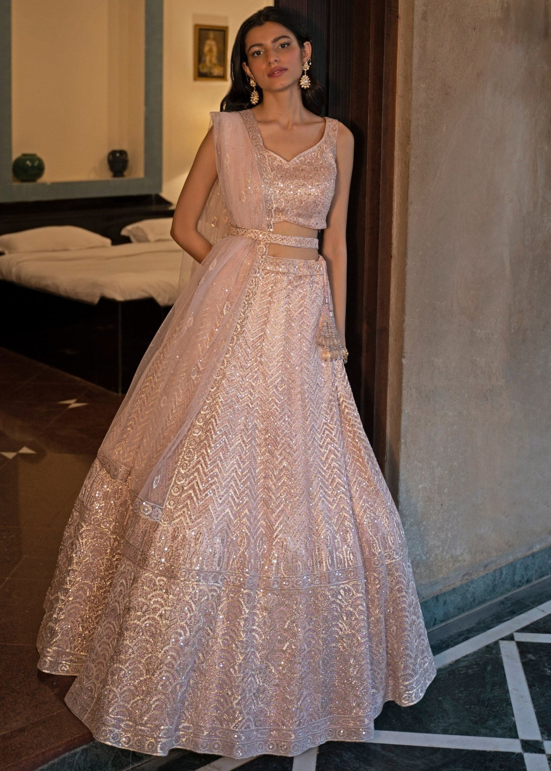 Blush Pink and Gold Gota and Sequinned Lehenga Set Angad Singh - Fabilicious Fashion